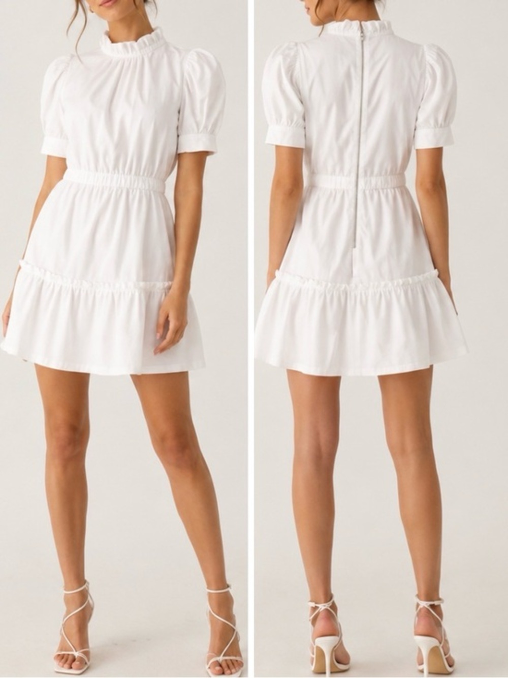 Alice + Olivia Vida White Puff Sleeve Cottagecore Bridal Ruffle Hem Mini Dress